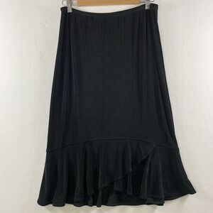 Womens Slinky Ruffle Hem Midi Skirt Black Stretch Whimsigoth Fairy Dark Romantic